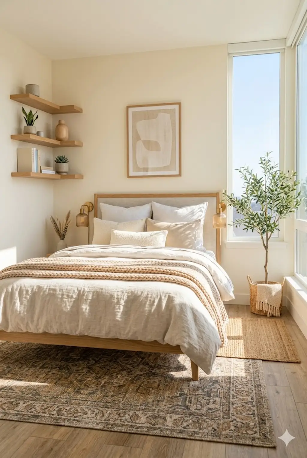 Cozy small bedroom with light oak furniture, neutral bedding, and Scandinavian decor
