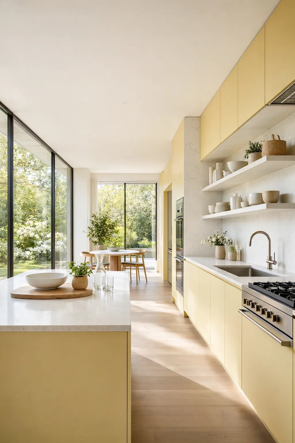 Airy kitchen with light yellow cabinets, open shelves, and minimalist organization