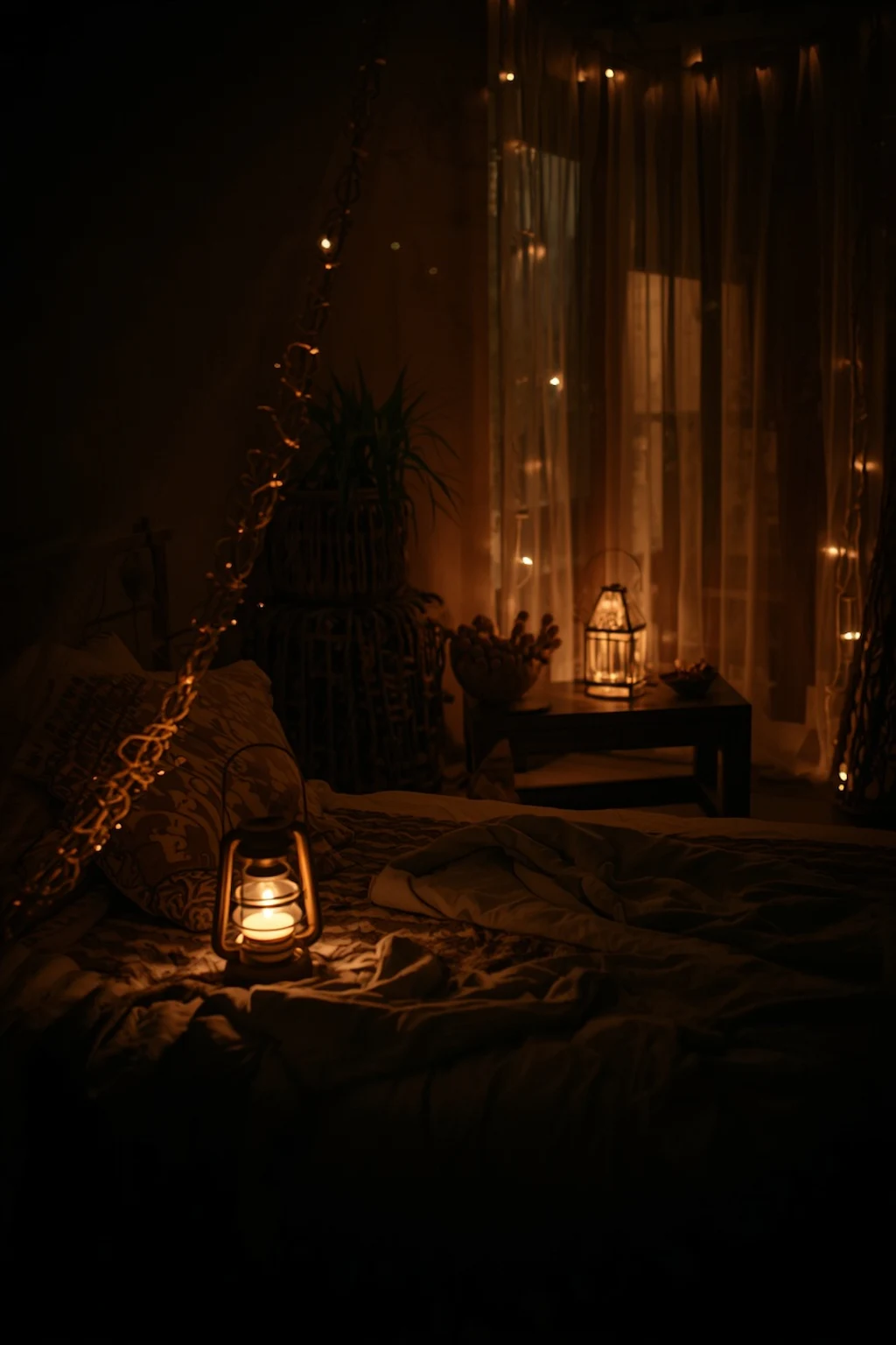 Moody boho bedroom with soft ambient lighting and warm glow