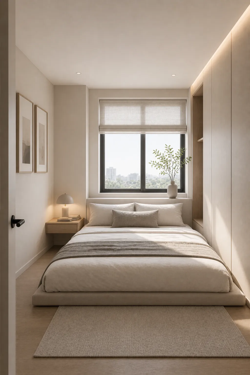 Small bedroom with low-profile bed design