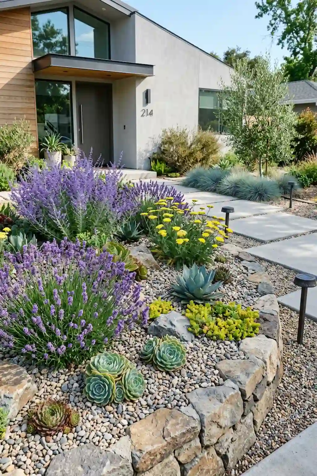 Drought-tolerant front yard flower bed with lavender and succulents