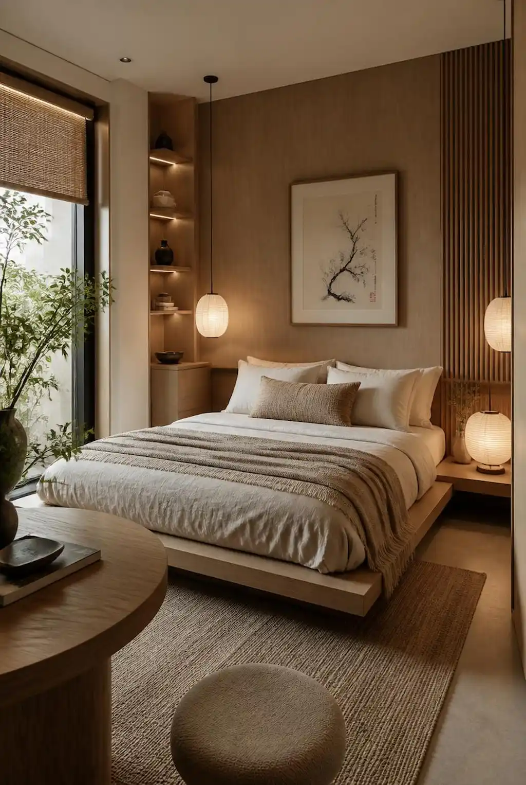 Modern cozy bedroom with low platform bed and minimalist decor