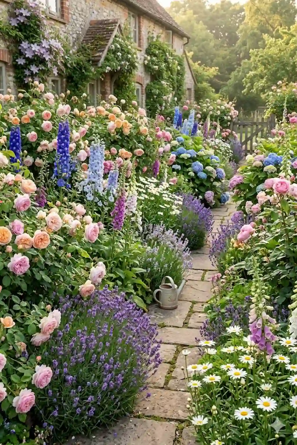 Overflowing cottage garden flower beds filled with roses, lavender, foxgloves, and colorful layered blooms.