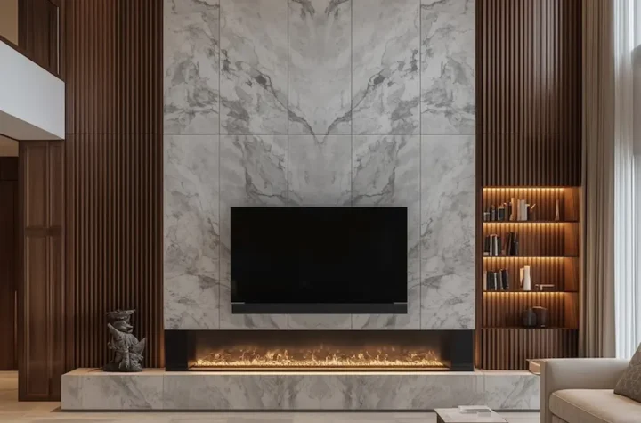 Luxury living room with floor-to-ceiling fireplace TV wall featuring marble, wood accents, built-in shelving, and elegant modern design