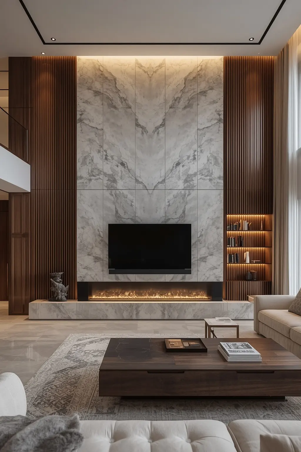 Luxury living room with floor-to-ceiling fireplace TV wall featuring marble, wood accents, built-in shelving, and elegant modern design