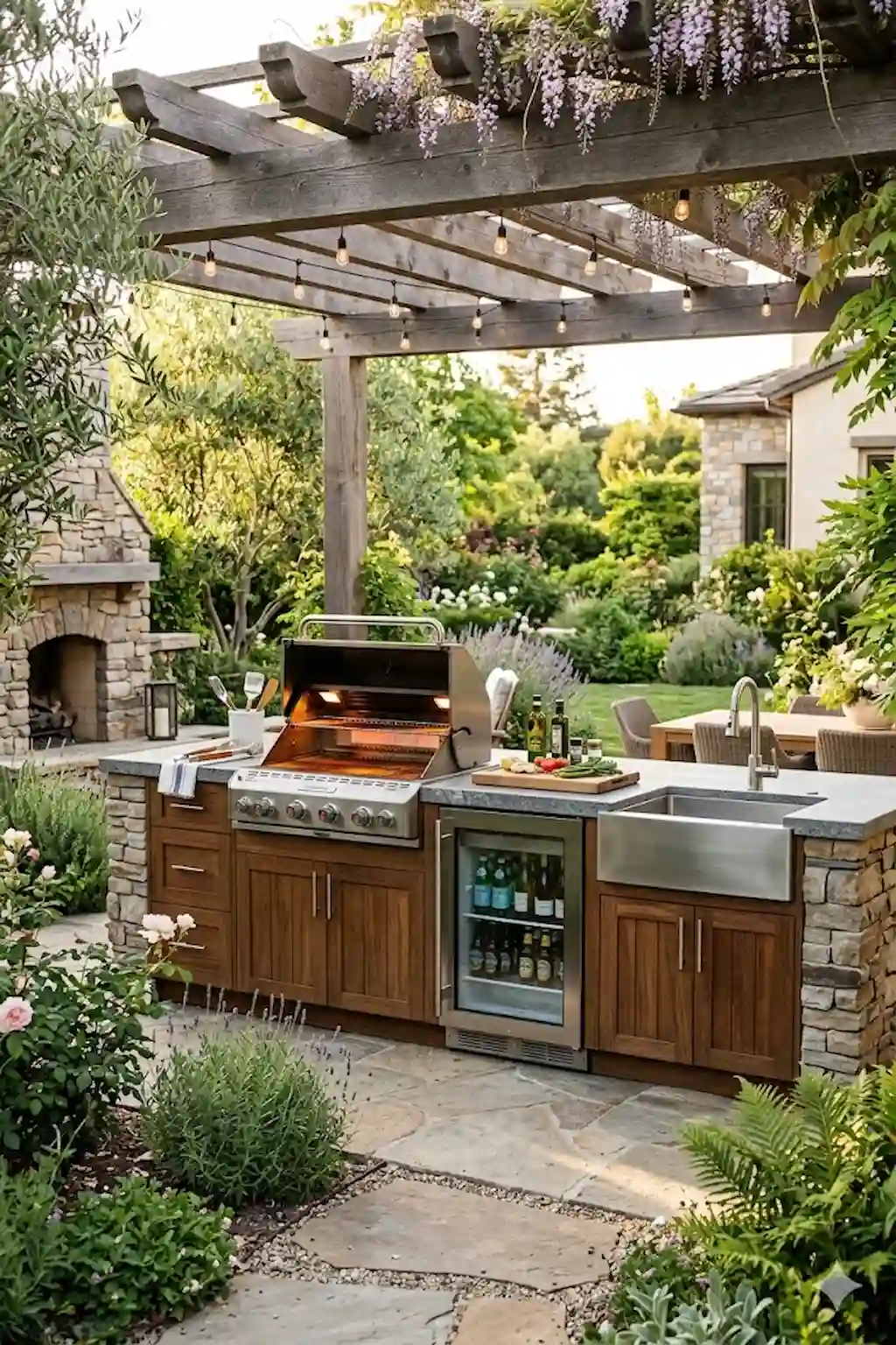 Outdoor kitchen with built-in grill, countertops, storage cabinets, and modern patio design