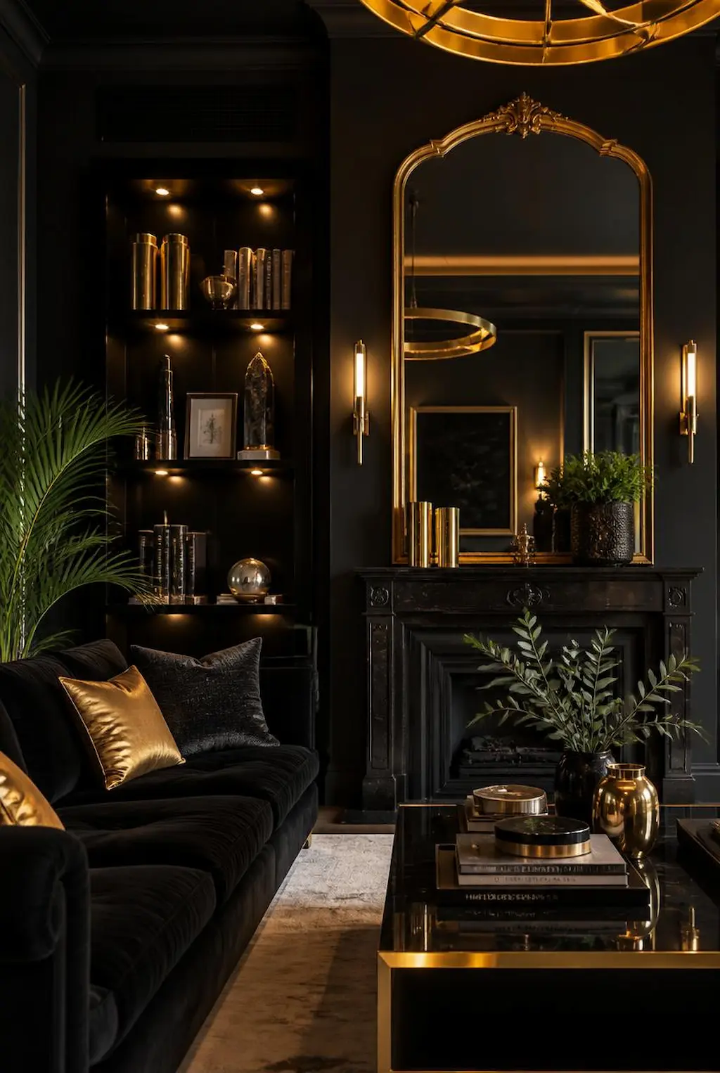 Dark moody living room with gold accents, brass decor, cozy lighting and elegant interior styling