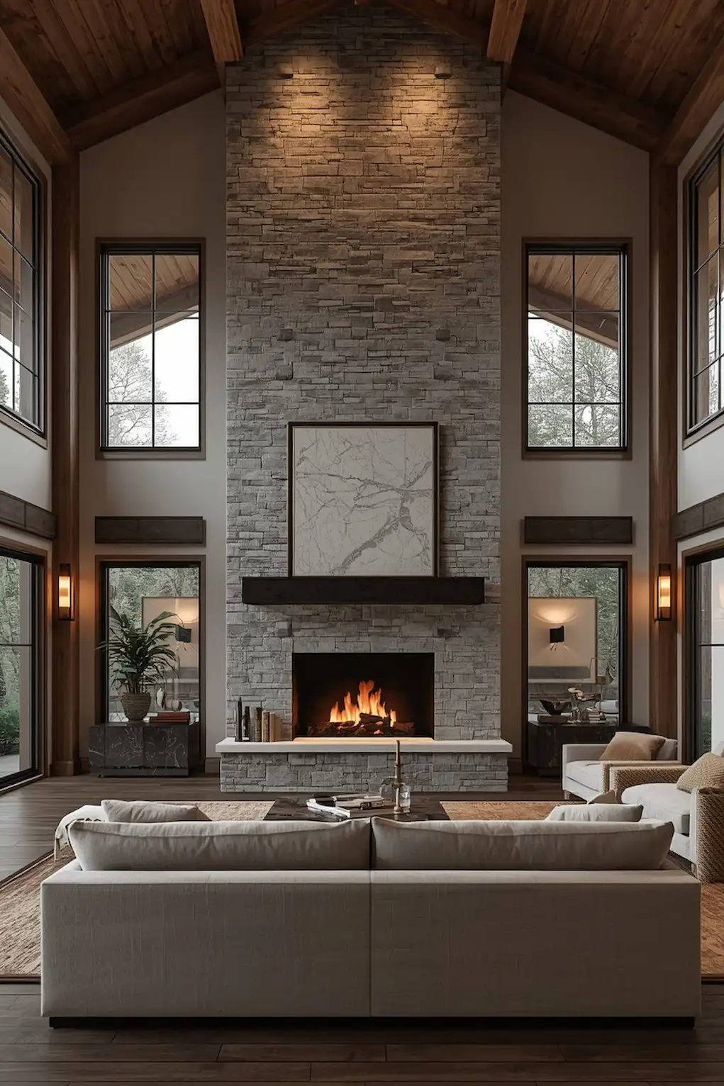 elegant living room with tall stone fireplace and cozy modern decor