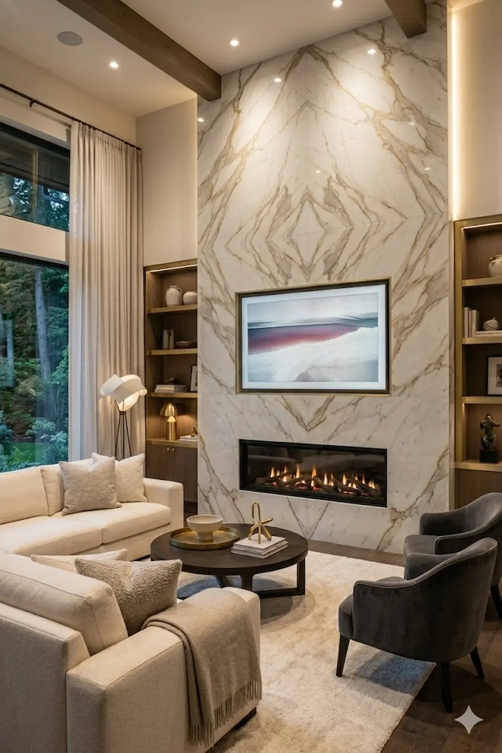 Elegant marble fireplace wall with electric fireplace and mounted television