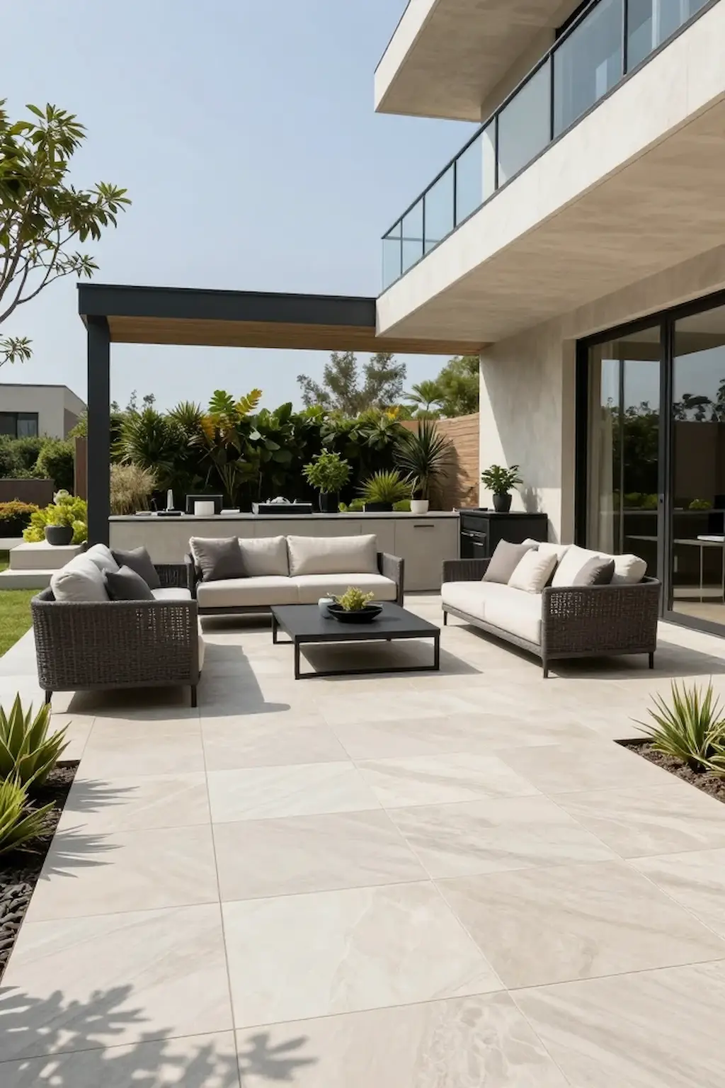 Modern outdoor patio featuring large porcelain tiles and luxury backyard design