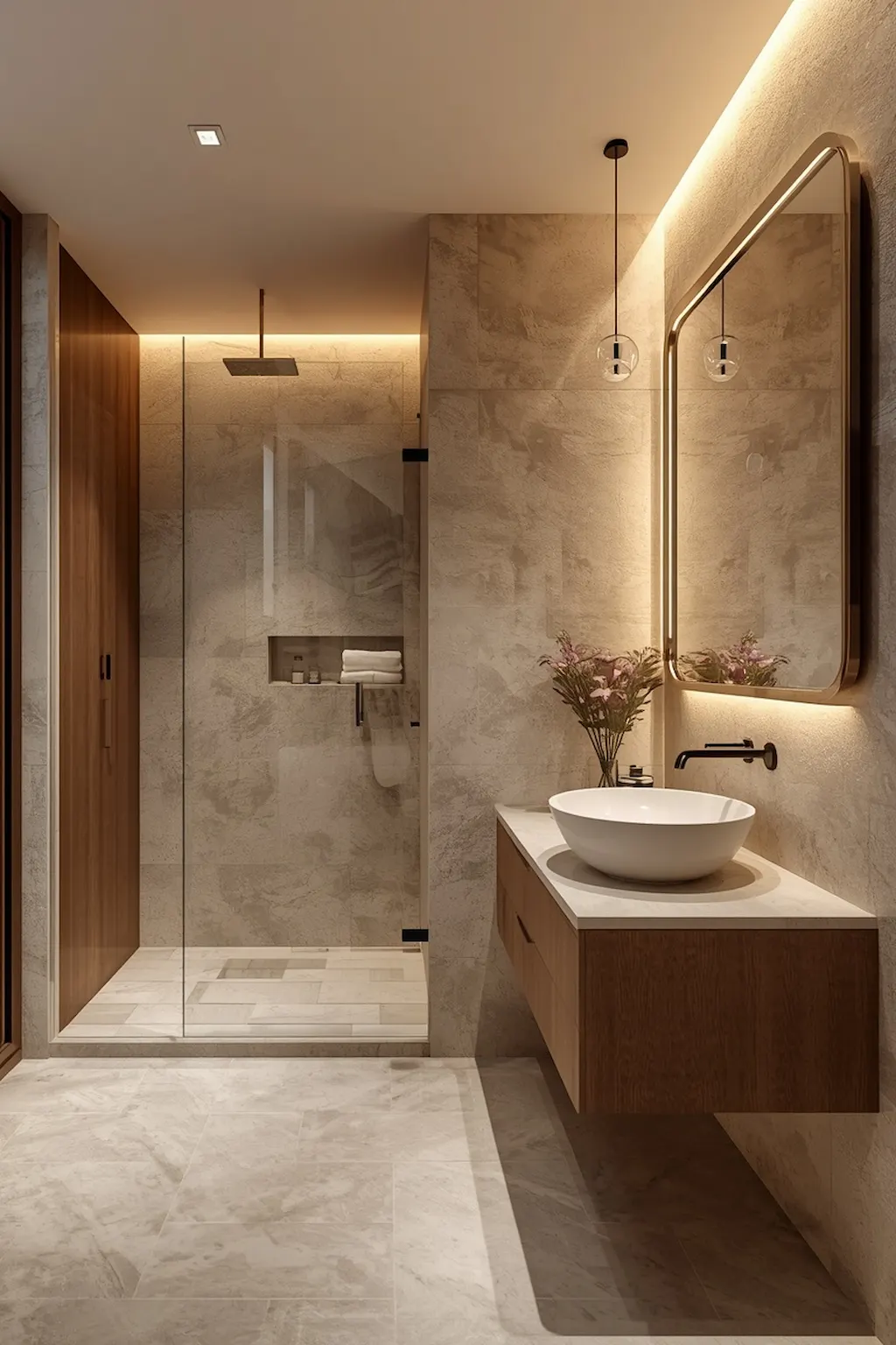 Spa-inspired apartment bathroom with warm lighting and natural stone textures