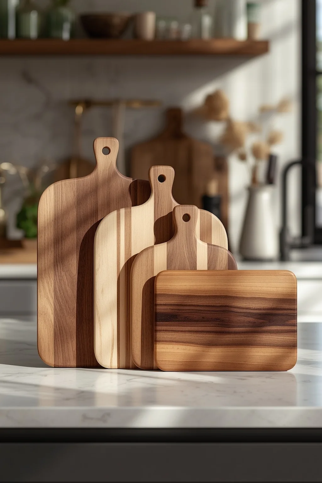 Handmade hardwood cutting boards displayed in a modern kitchen setting