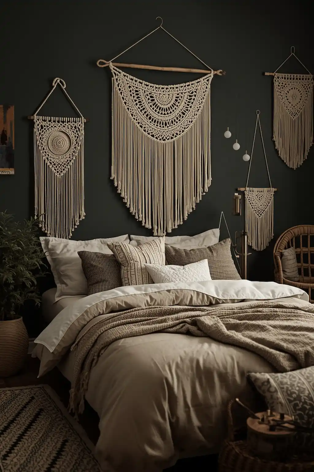 oho bedroom with macramé wall decor and moody tones