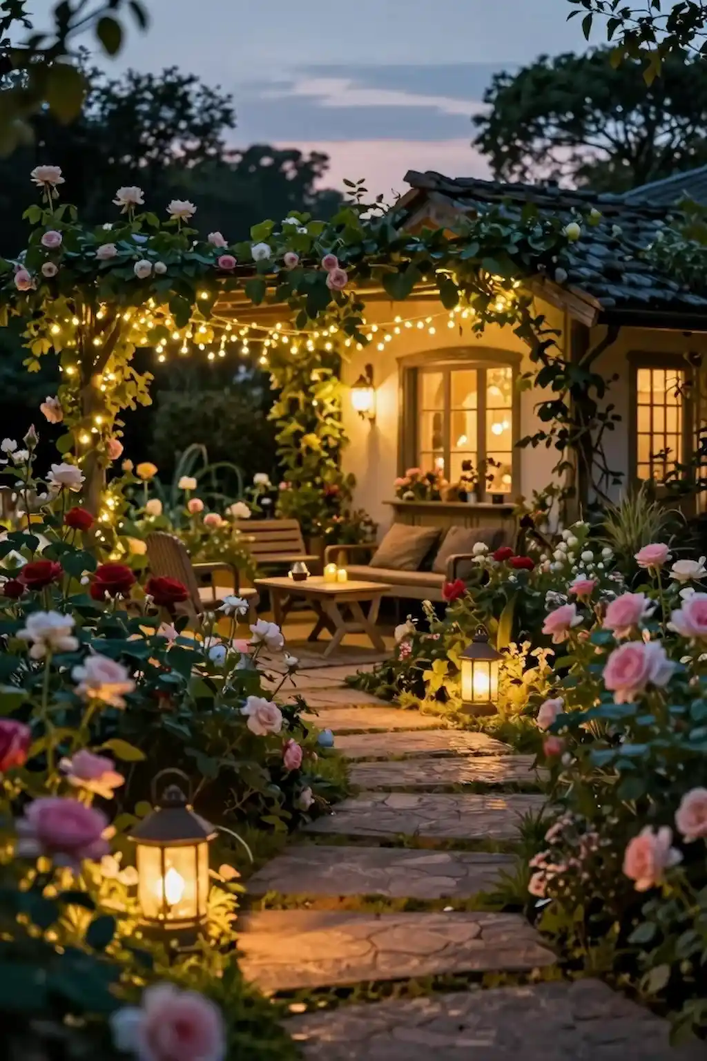 Cottage garden glowing with lanterns and fairy lights during a magical evening setting.