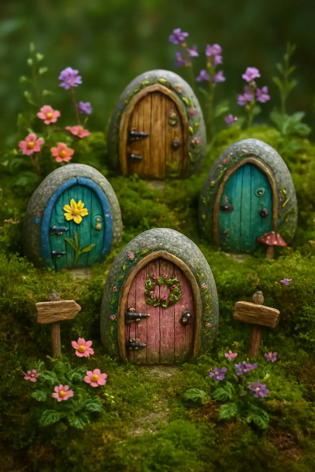 Fairy-themed painted stones featuring tiny doors, footprints, and whimsical details