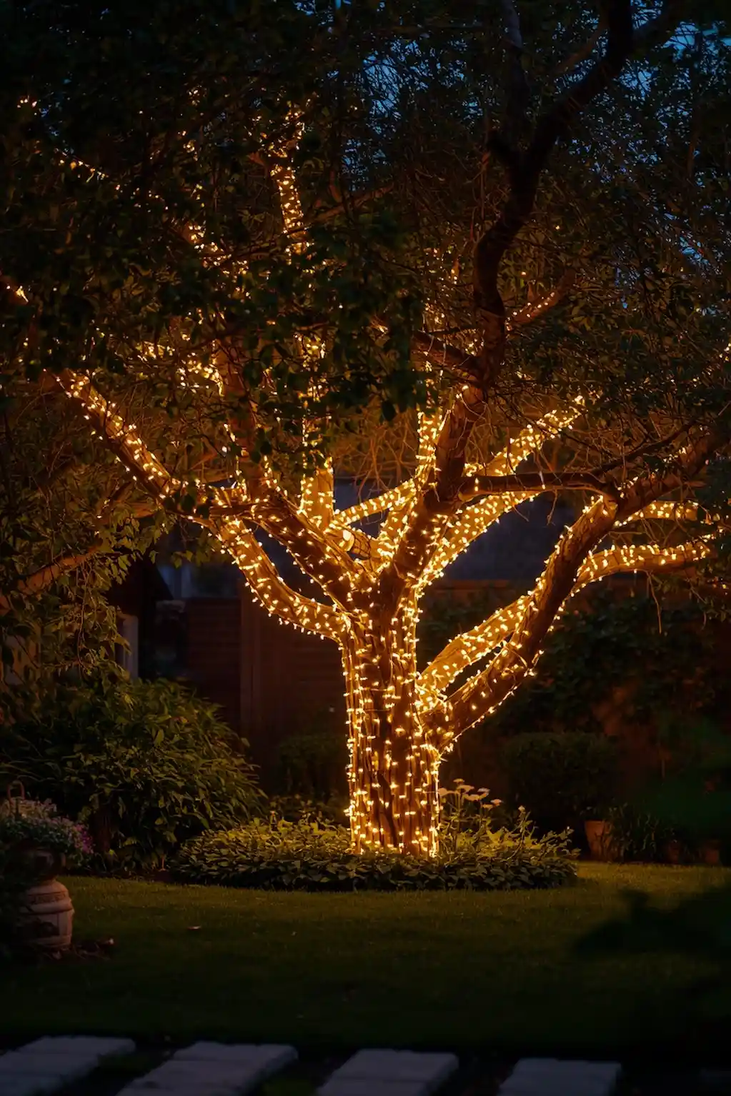 Garden trees wrapped in warm fairy lights creating a magical evening atmosphere