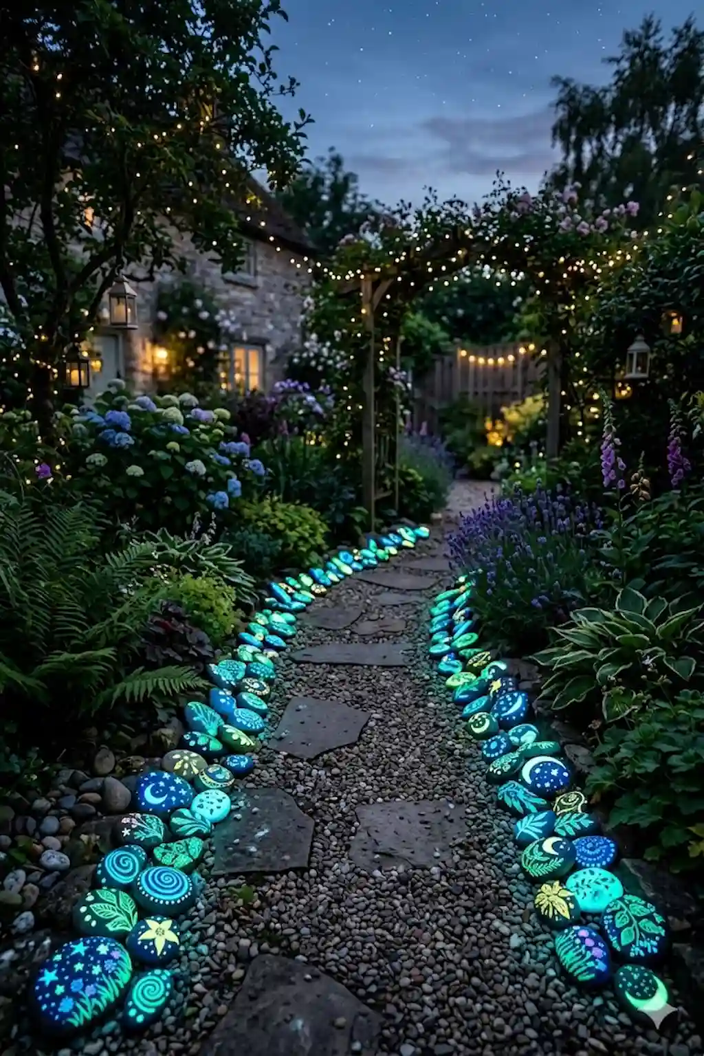 Glow-in-the-dark painted rocks illuminating a garden pathway at night