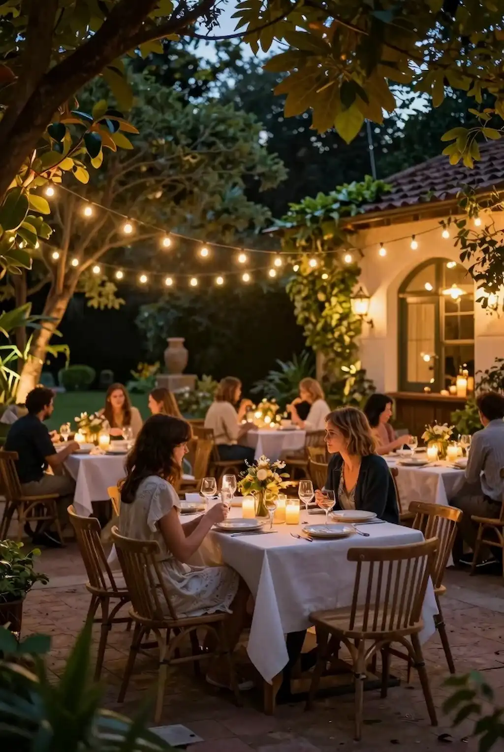 Outdoor garden party with glowing string lights and cozy evening decor