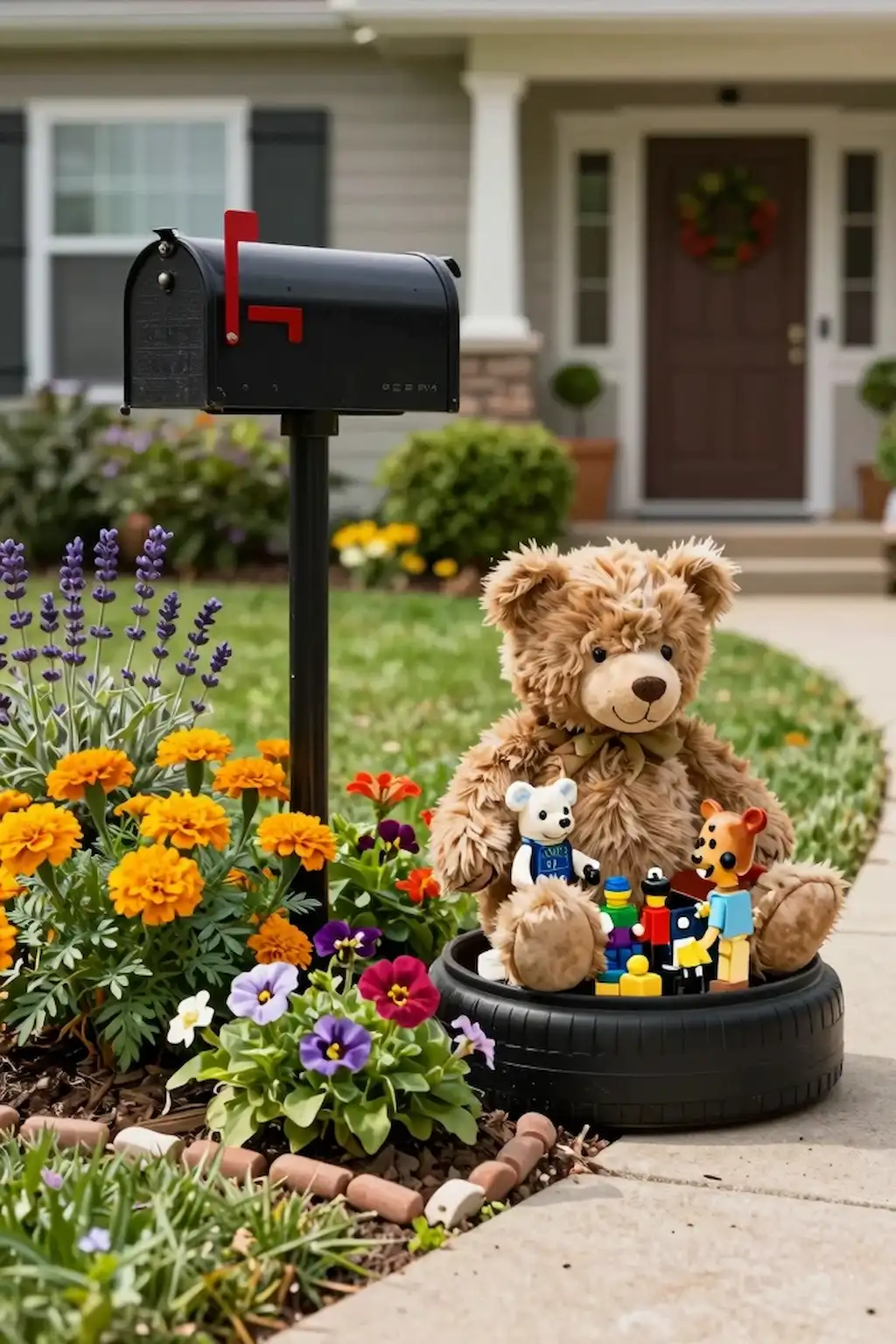Mailbox surrounded by colorful flowers and charming front yard landscaping