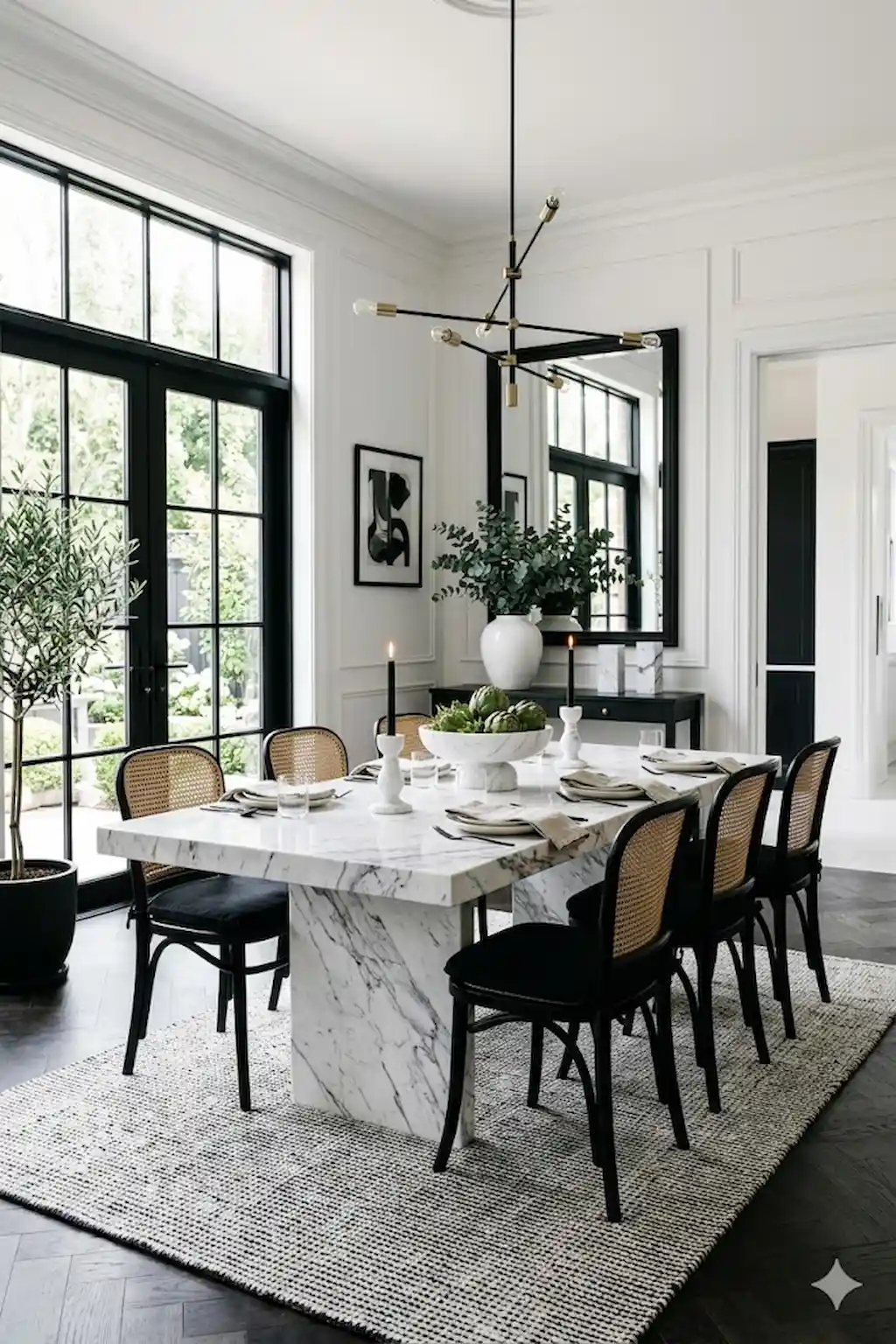 Black and white dining room with marble table and decor