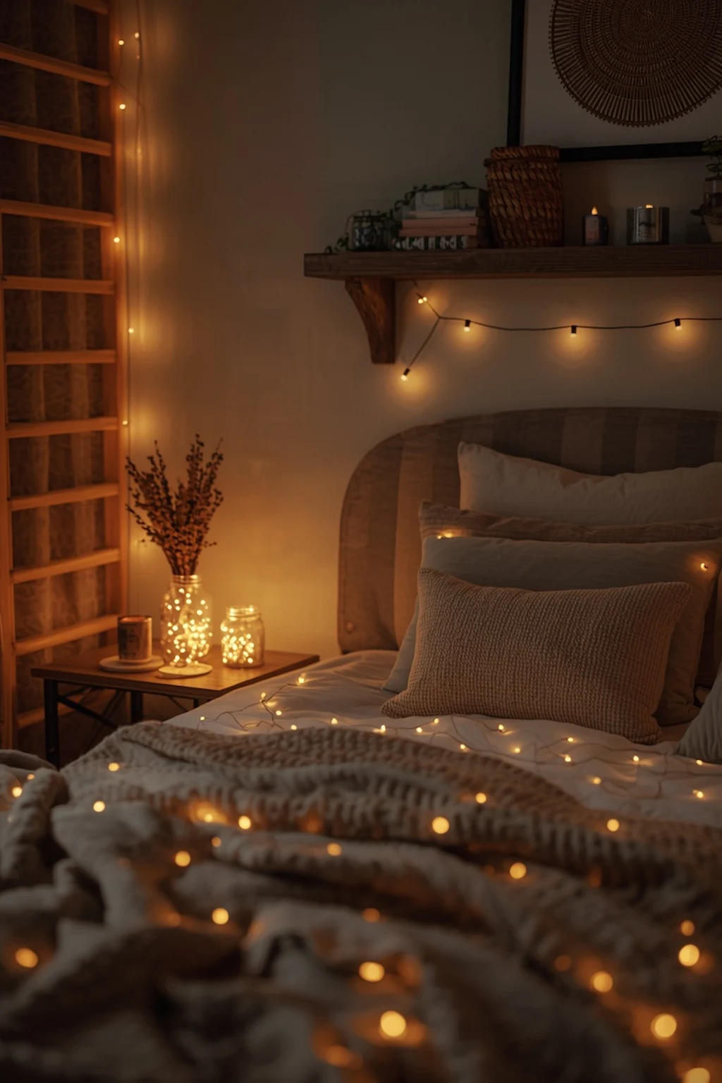Warm glowing mason jars with fairy lights in a cozy bedroom