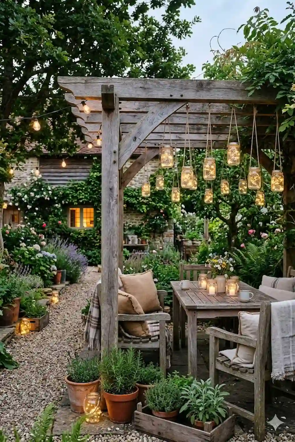 Rustic garden decorated with hanging mason jar lights and warm ambient lighting