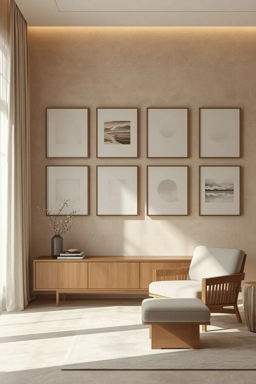 Modern gallery wall with matching oak frames and neutral artwork
