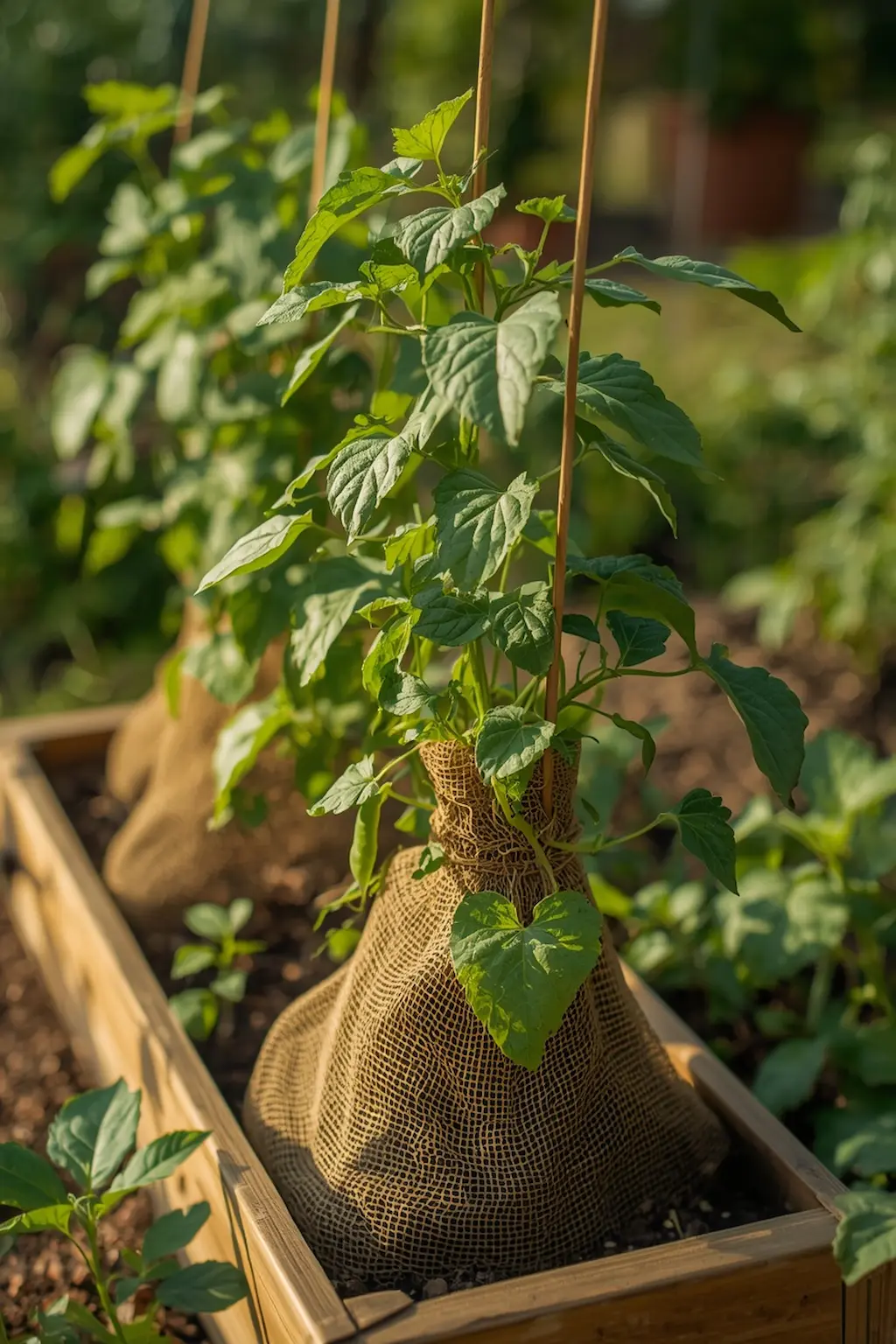 Mesh produce bags reused to support climbing garden plants