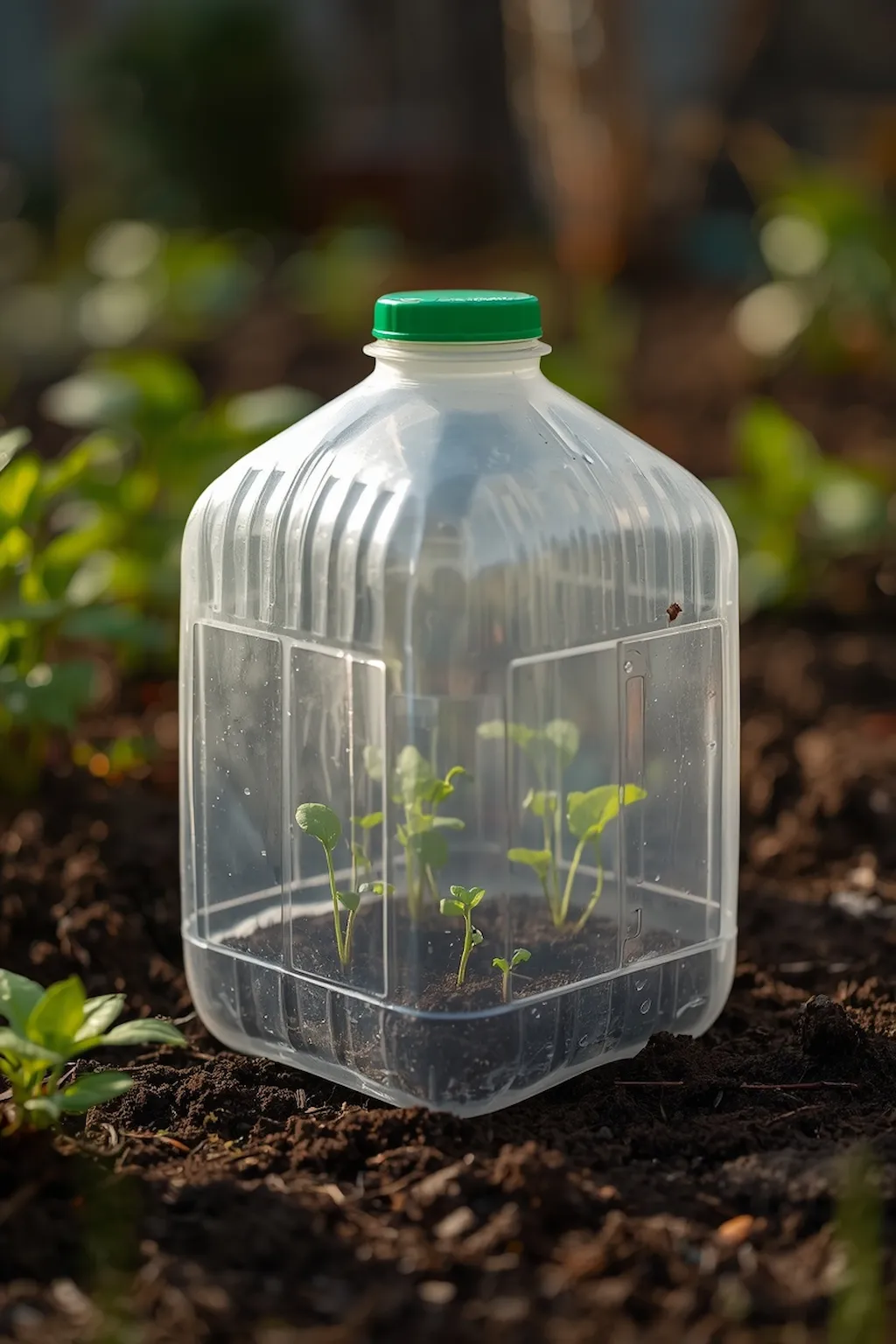 Plastic milk jugs used to protect young garden plants outdoors