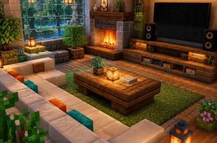 Minecraft living room ideas with modern, cozy, and creative design elements