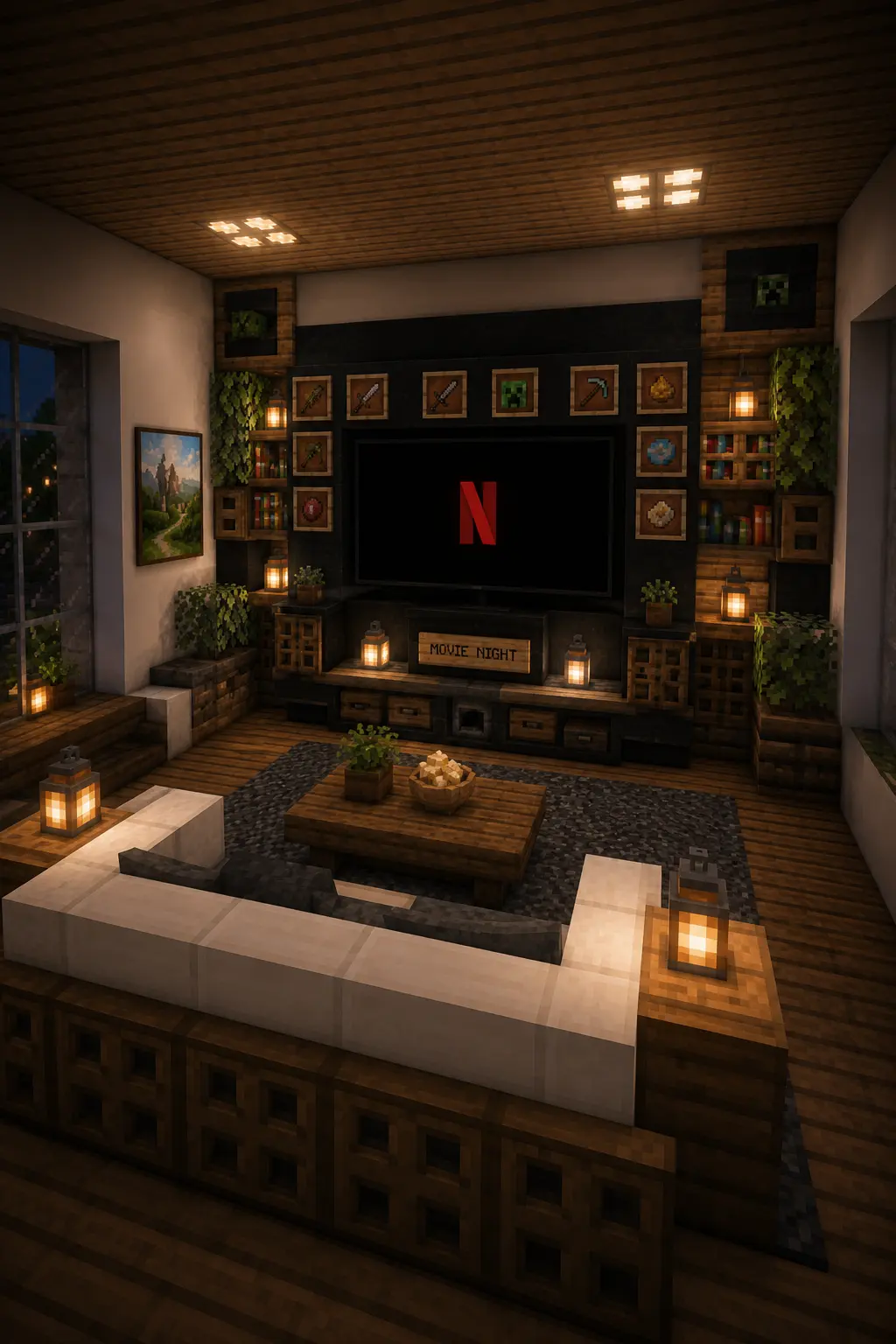 Minecraft living room with TV setup and cozy entertainment space