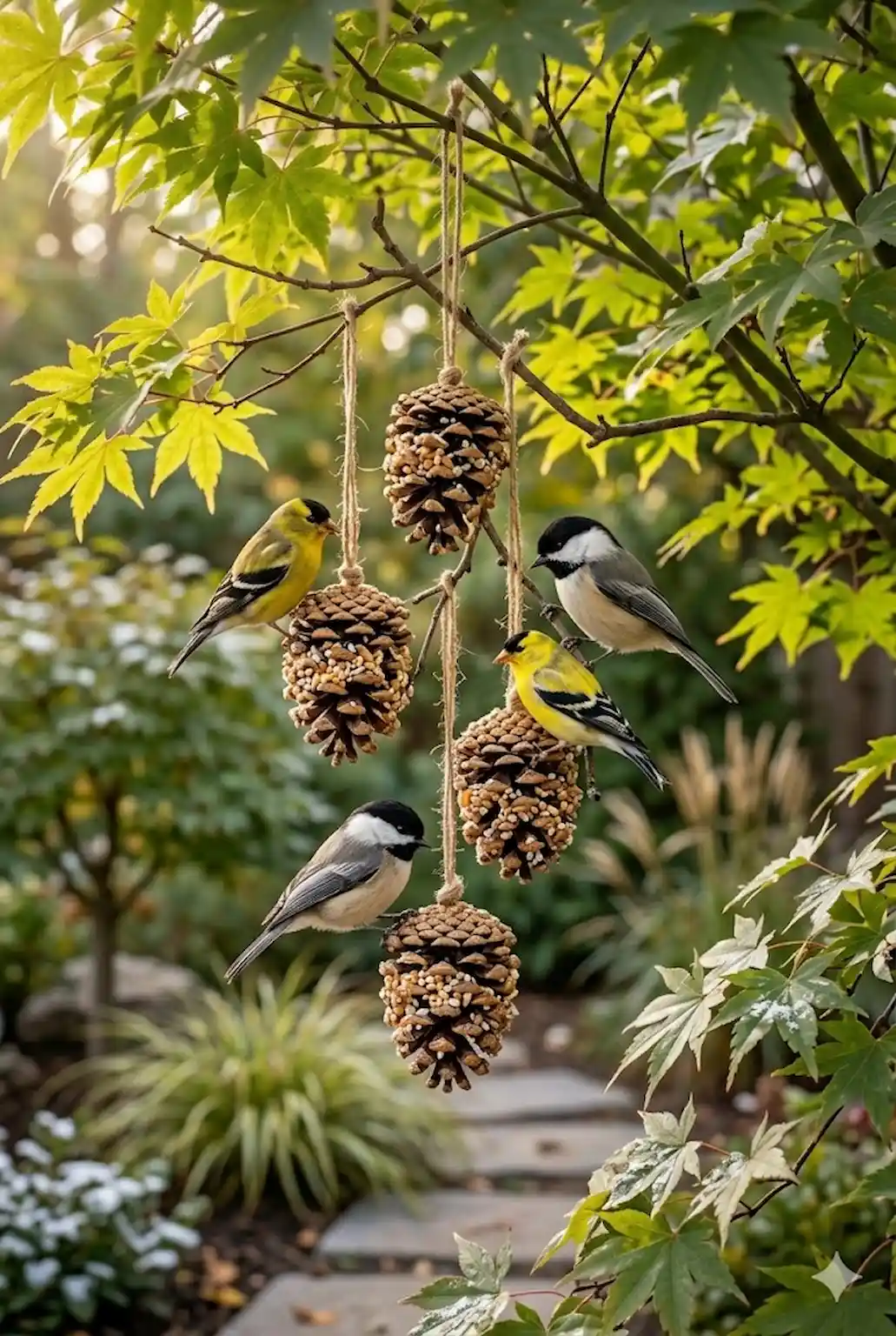 Tiny pine cone bird feeders hanging for small backyard birds