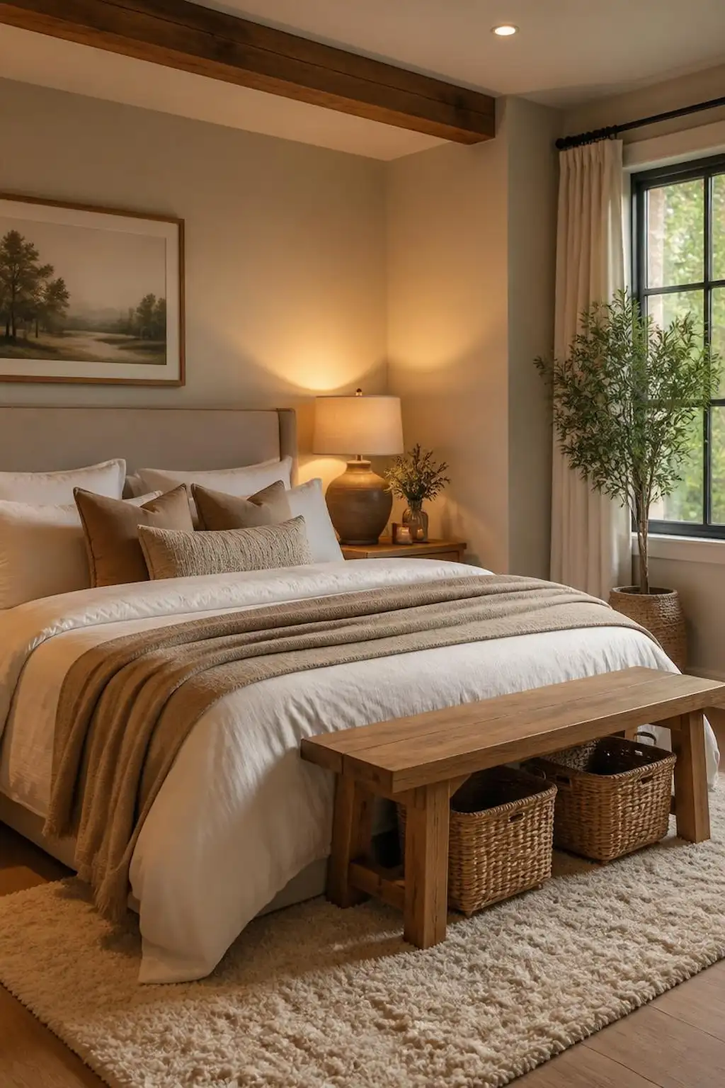 Minimal cozy bedroom with warm lighting, clean decor, and soft neutral textures.