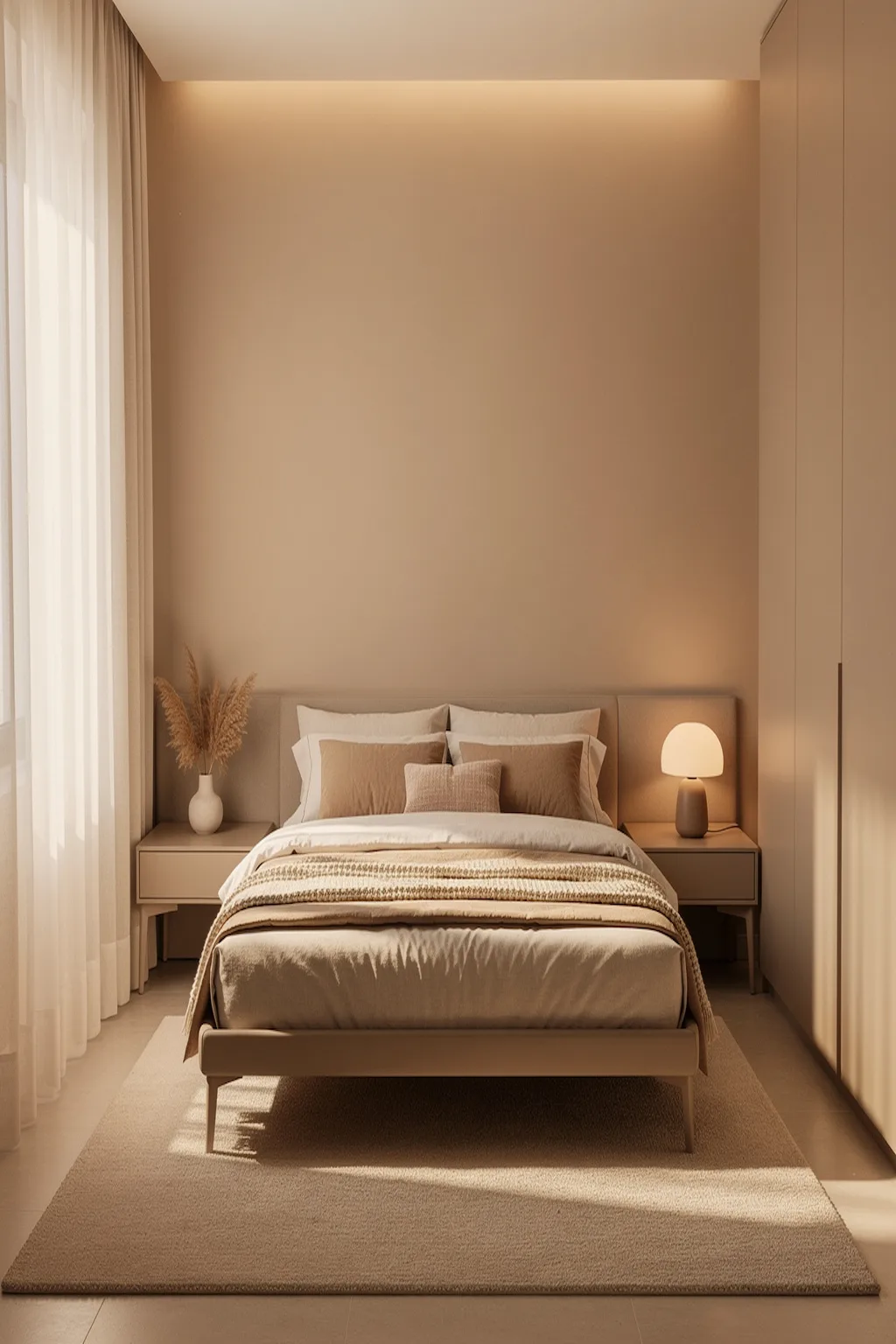 Minimal cozy small bedroom with neutral tones and warm relaxing decor.