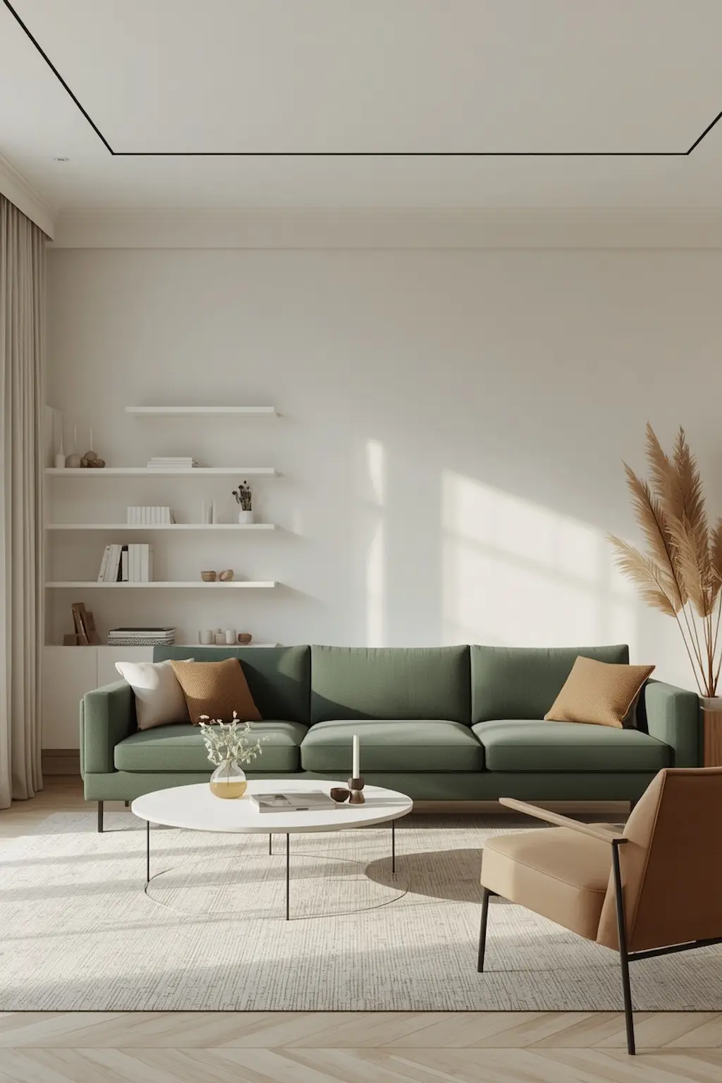 Minimal modern living room with a stylish green couch and clean decor
