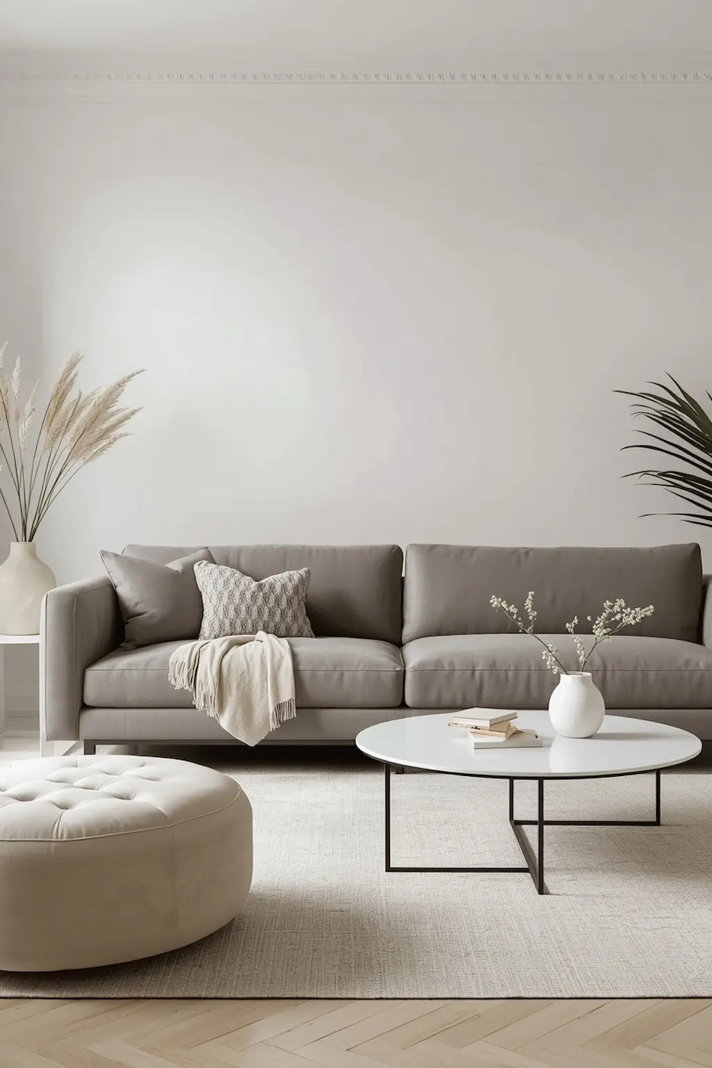 Minimalist grey sofa living room with clean decor and balanced styling