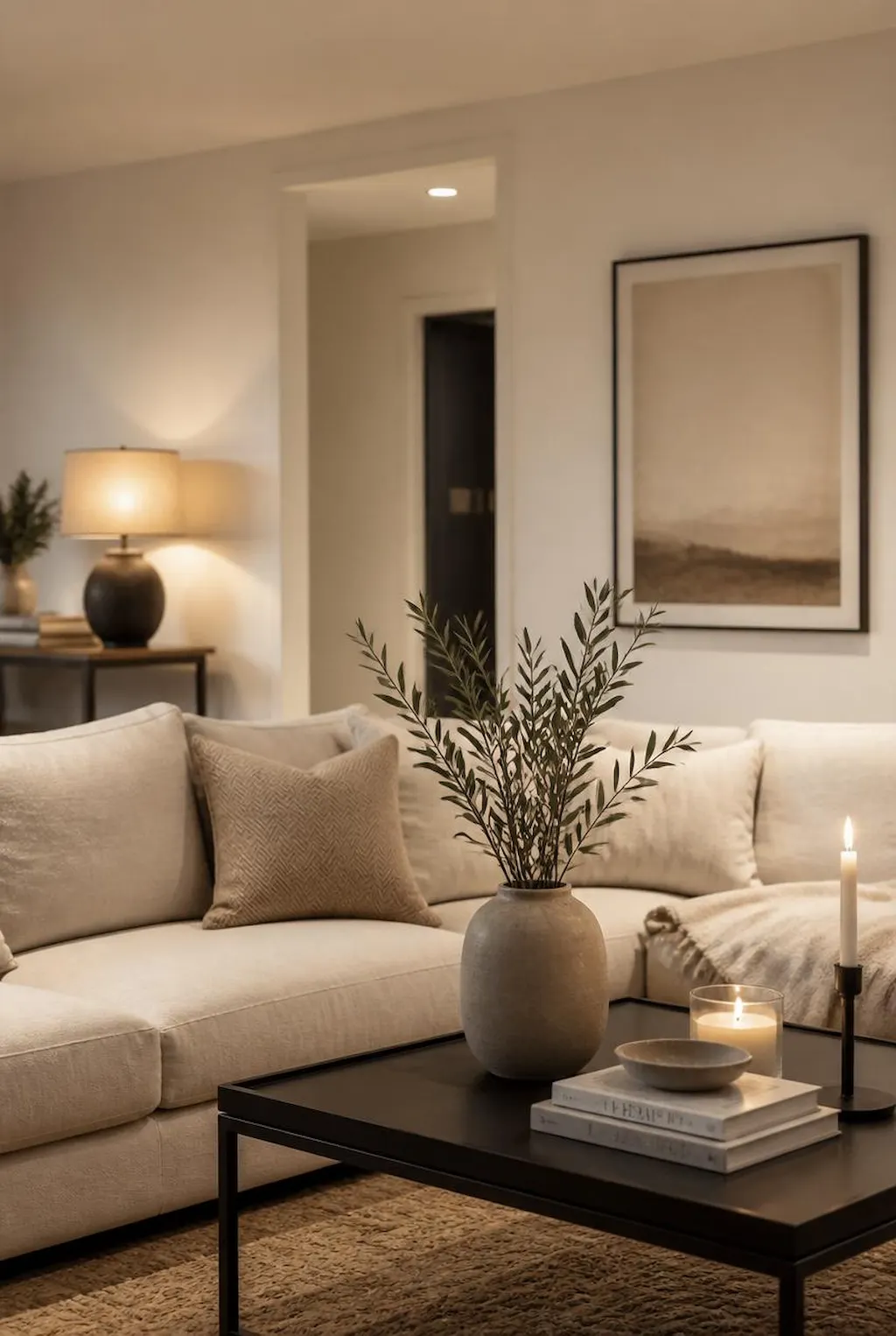Minimalist living room with clean decor styling, candles, ceramic vase, cozy neutral furniture and organized space