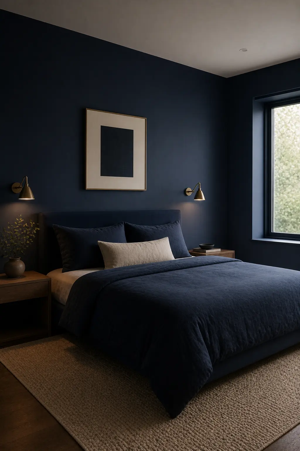 Minimalist bedroom with navy color theme