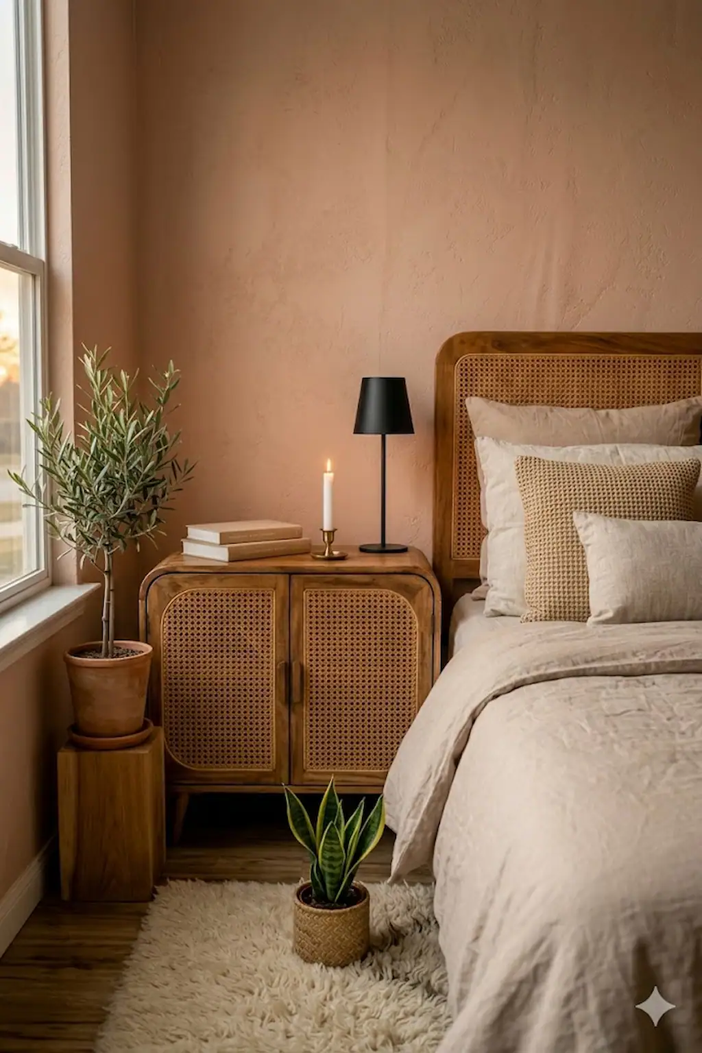 minimal bedside table with lamp and candle