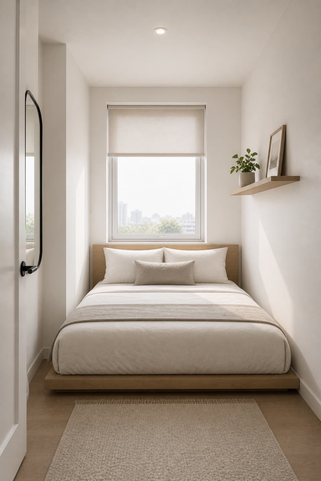 Small bedroom with minimal furniture and clean layout