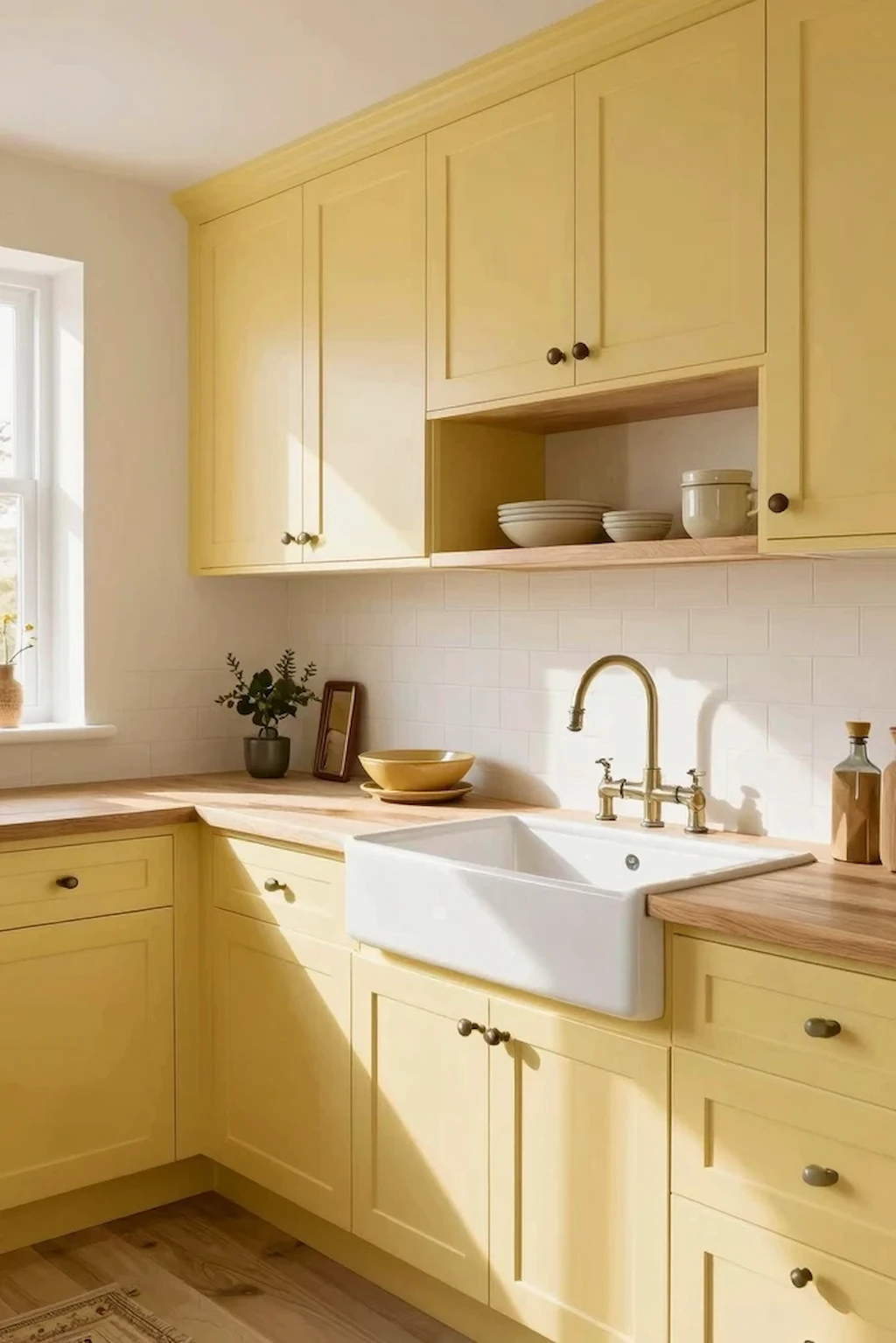 Cozy cottage-inspired kitchen with soft yellow cabinets and simple minimalist decor