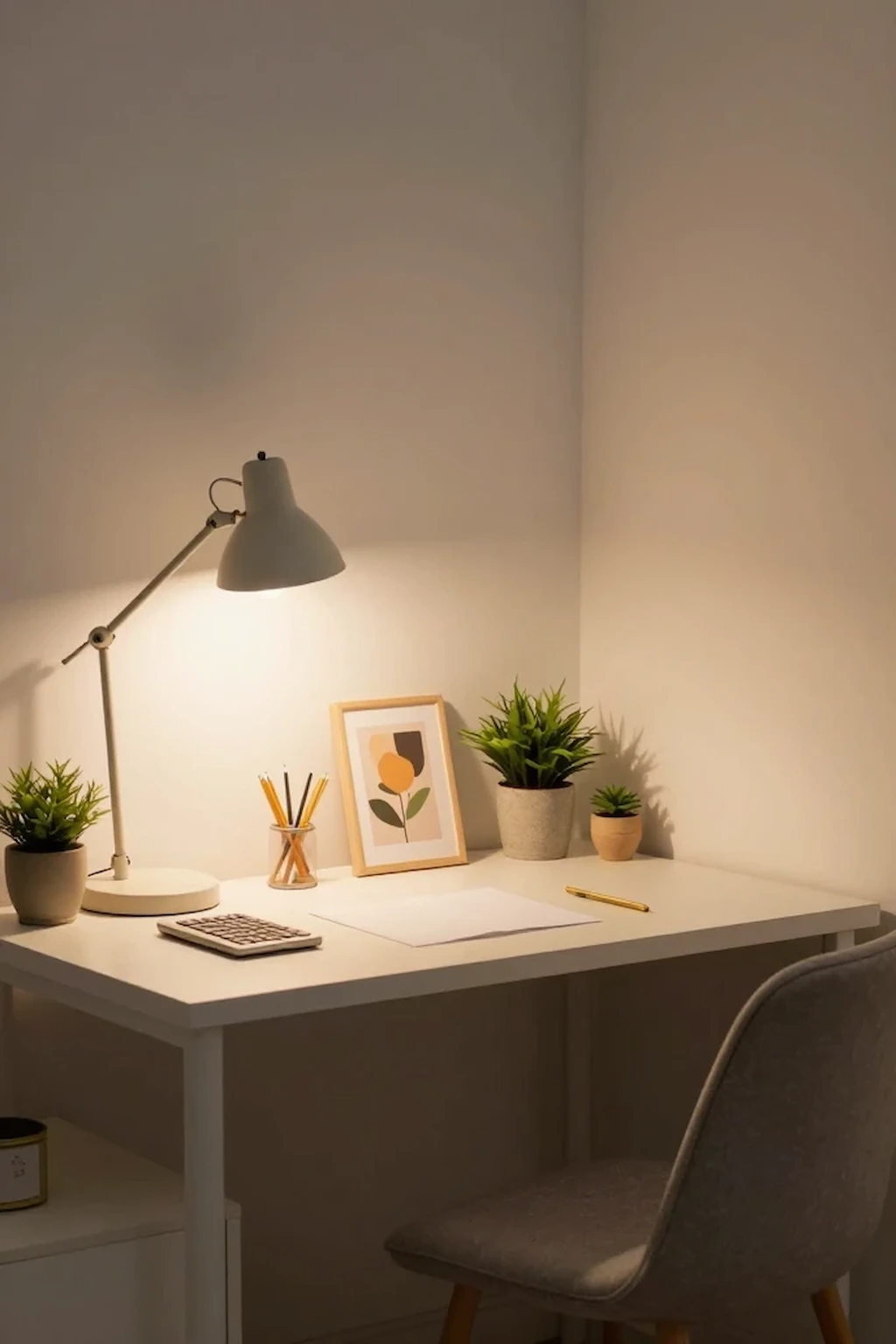 Cozy dorm study desk with warm lighting and organized modern decor