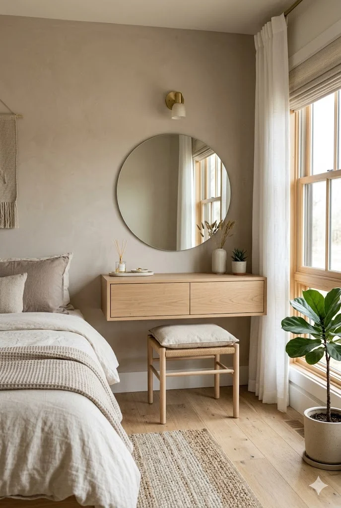 Bedroom with modern floating vanity and clean minimalist design