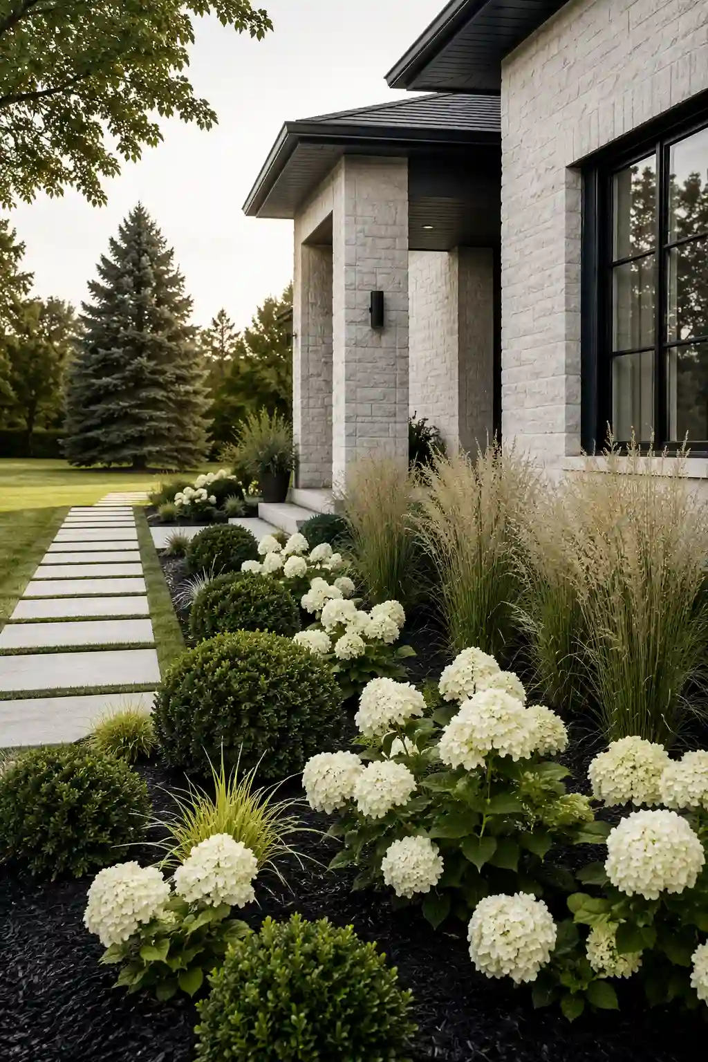 Minimalist front yard flower bed with white flowers and modern landscaping