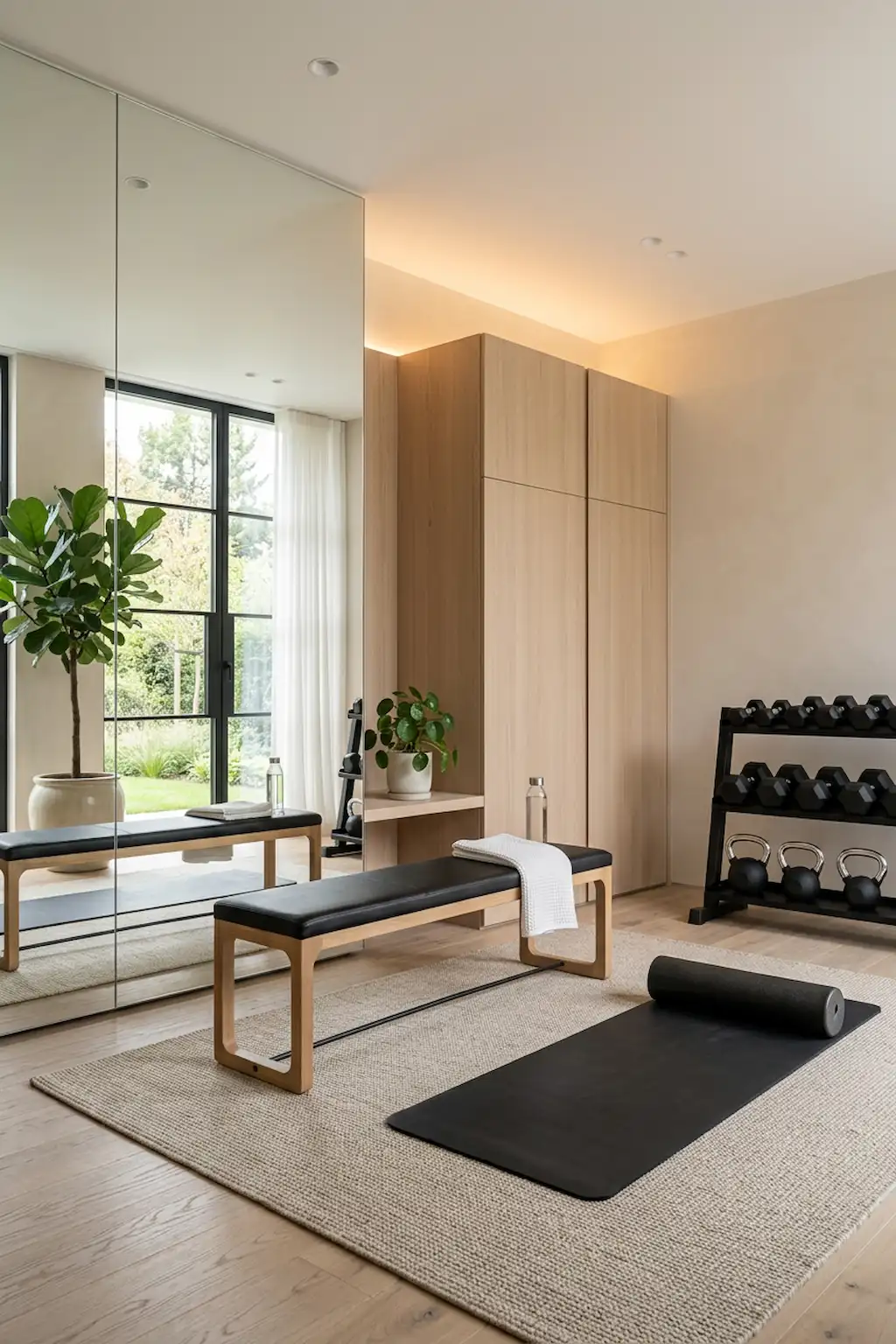 Minimalist neutral-toned home gym with mirrors, sleek equipment, and clean modern decor