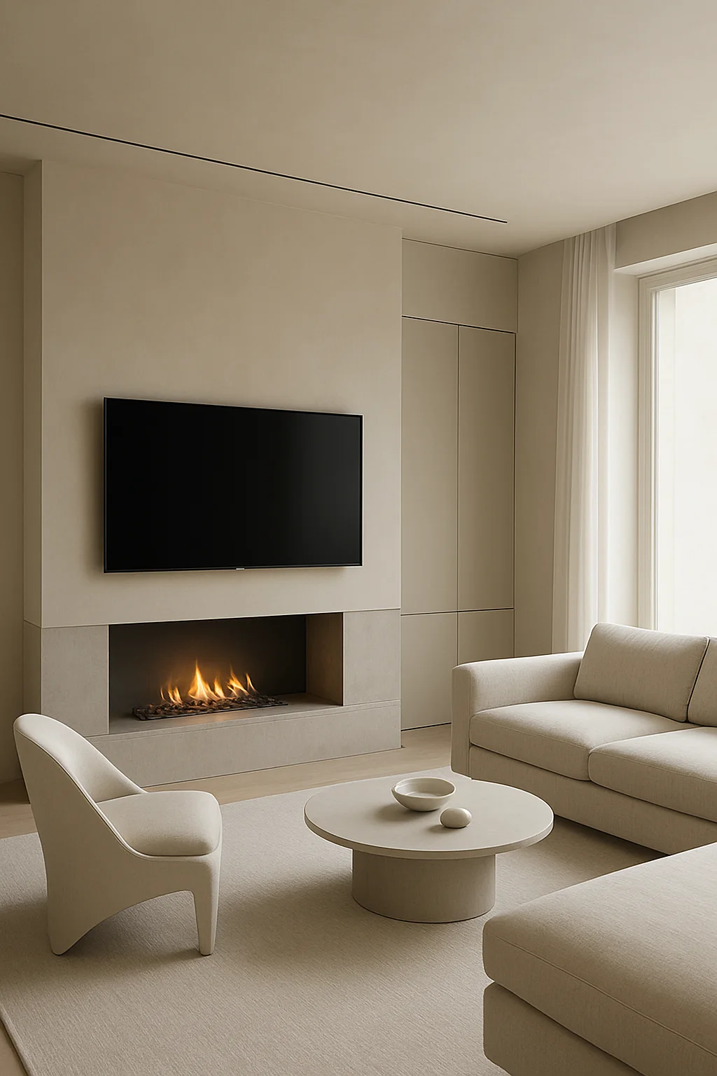 Minimalist fireplace TV wall with clean lines, hidden storage, and premium finishes