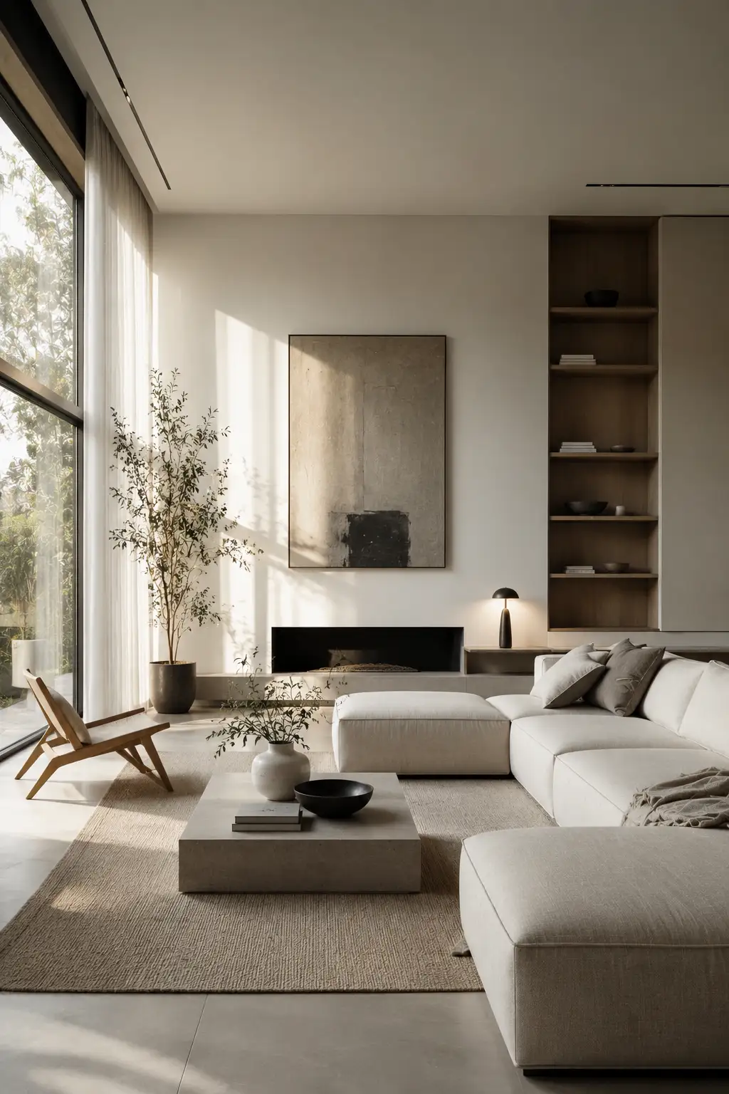 Minimalist modern living room with neutral tones and clean lines