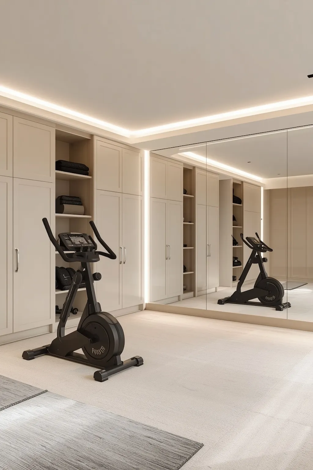 Minimalist home gym with neutral colors, sleek equipment, and modern decor
