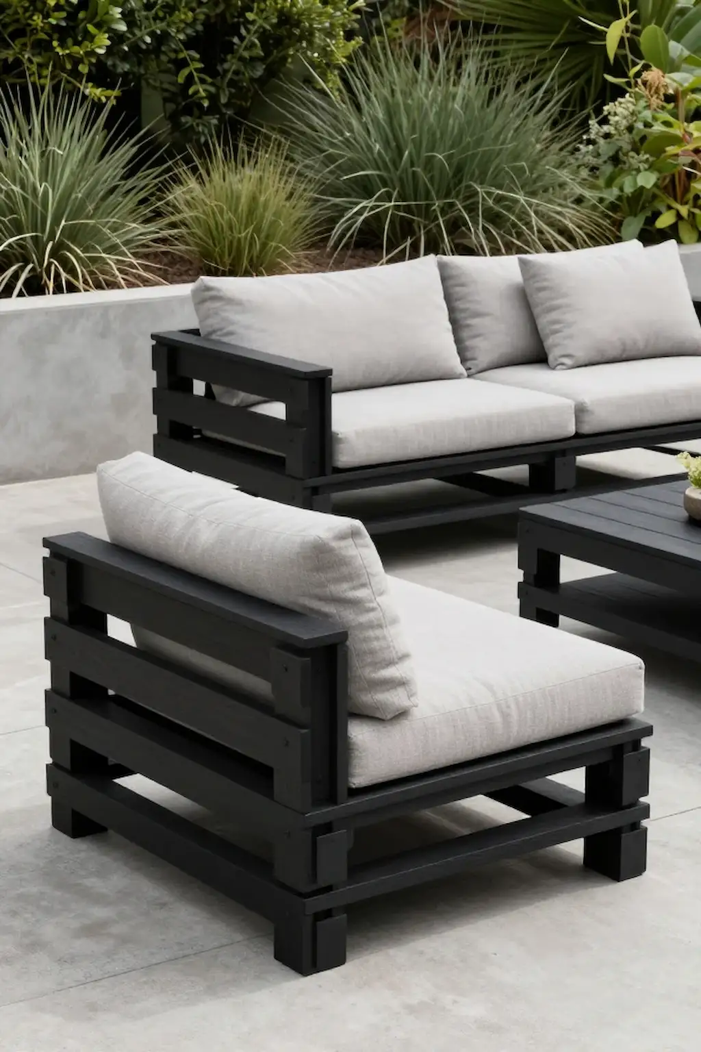 Vertical pallet garden bench with flowers and built-in planters