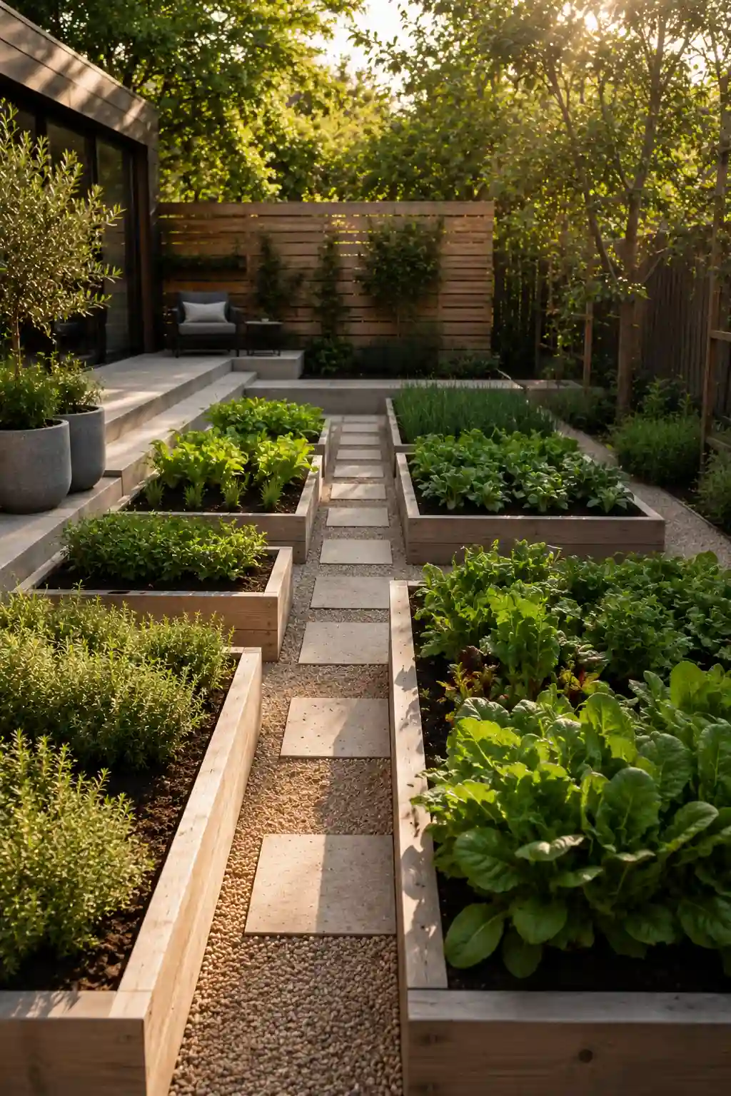 Clean minimalist vegetable garden with simple raised beds